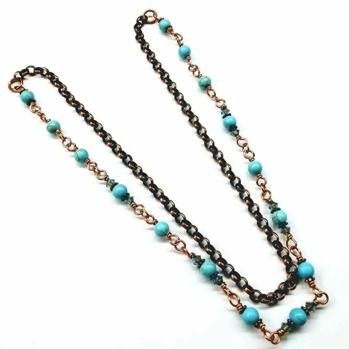 Wire Wrapped 24 Inches Copper Turquoise Necklace featuring turquoise gemstones and antique copper links.
