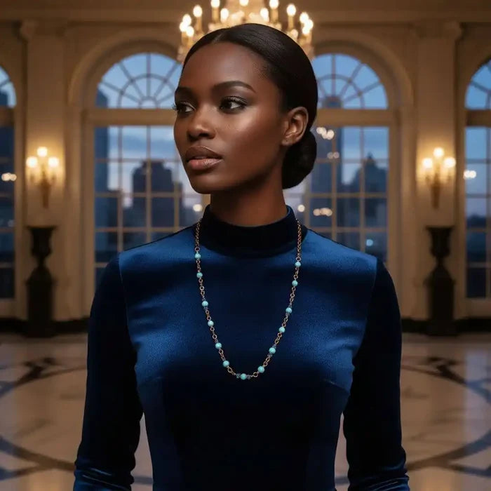 Model showcasing the Wire Wrapped 24 Inches Copper Turquoise Necklace in an elegant setting.