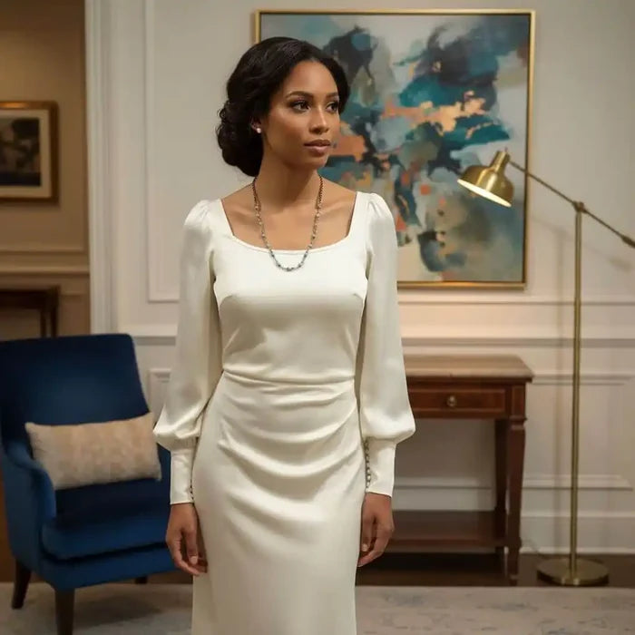 Wire Wrapped 24 Inches Copper Turquoise Necklace worn elegantly with a beautiful cream dress in a stylish room setting.