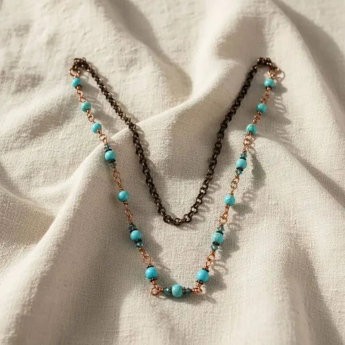 Wire Wrapped 24 Inches Copper Turquoise Necklace showcasing turquoise beads and copper links on a soft background.