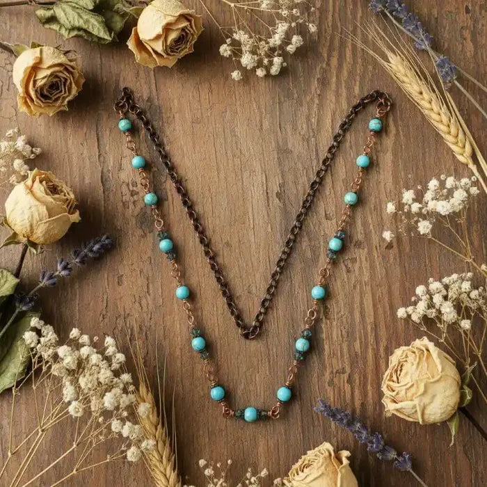 Wire Wrapped 24 Inches Copper Turquoise Necklace featuring turquoise gemstones and antiqued copper links.