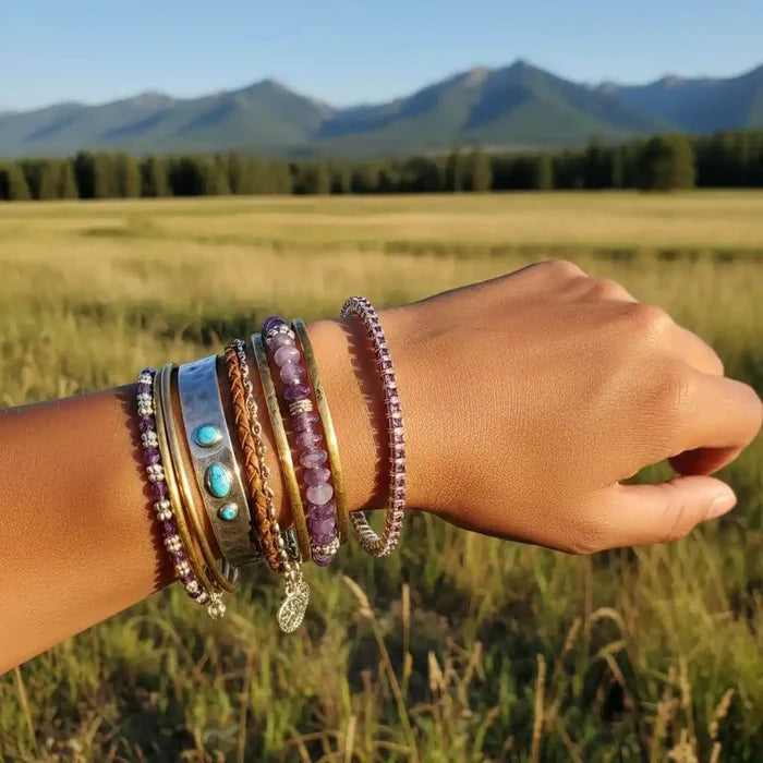 Wire Wrapped Amethyst Crystal Tennis Bracelet Bangle - Alexa Martha Designs