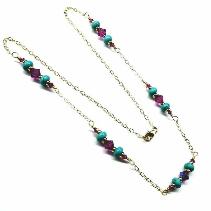 Wire Wrapped Gold Filled Pink Turquoise Gemstone Necklace with turquoise heishi beads and fuchsia Swarovski crystals.