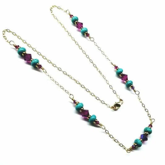 Wire Wrapped Gold Filled Pink Turquoise Gemstone Necklace with turquoise heishi beads and fuchsia Swarovski crystals.