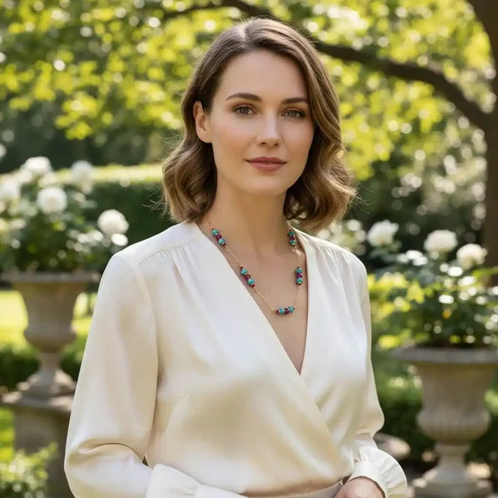 Model wearing a Wire Wrapped Gold Filled Pink Turquoise Gemstone Necklace in a garden setting with blooming flowers.