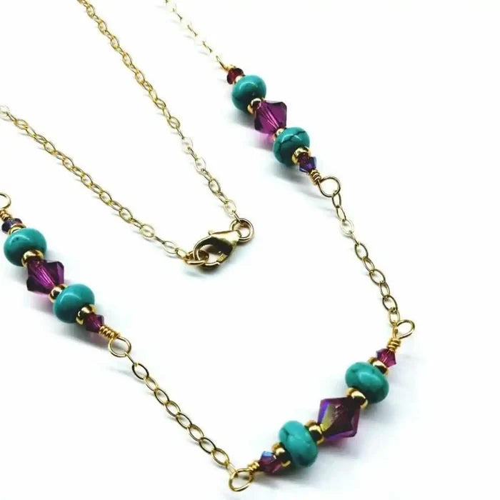 Wire Wrapped Gold Filled Pink Turquoise Gemstone Necklace featuring turquoise heishi beads and fuchsia Swarovski crystals.
