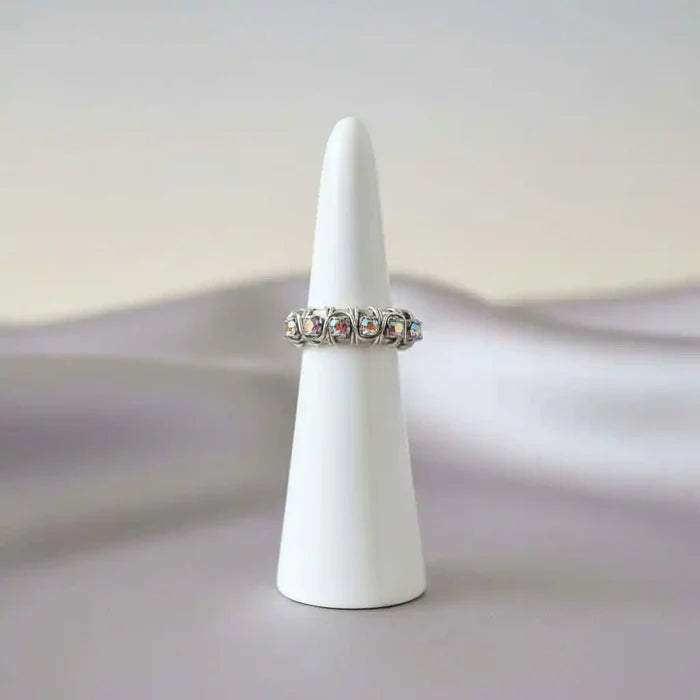 Wire Wrapped Silver Hammered Super Sparkly Crystal Bling Ring