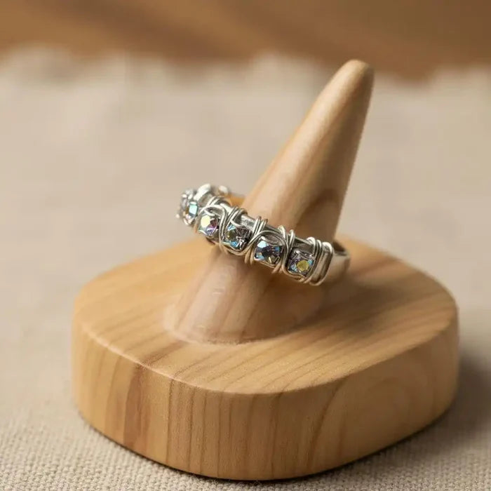 Wire Wrapped Silver Hammered Super Sparkly Crystal Bling Ring