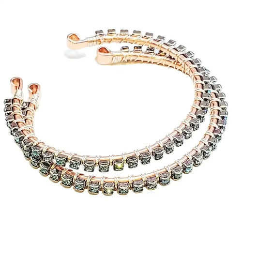 Wire Wrapped Turquoise Crystal Tennis Bangle Bracelet featuring aqua blue crystals on hammered copper bangle.