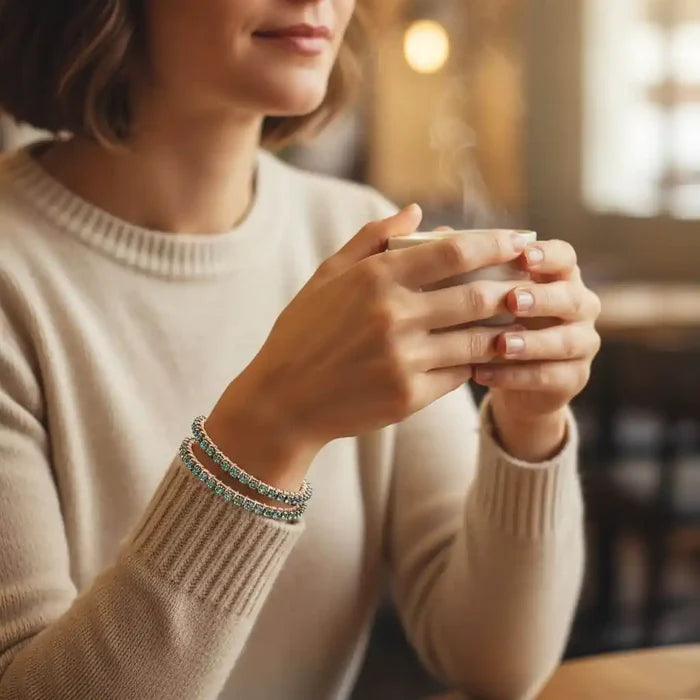 Woman holding a cup while wearing a Wire Wrapped Turquoise Crystal Tennis Bangle Bracelet and other bracelets.