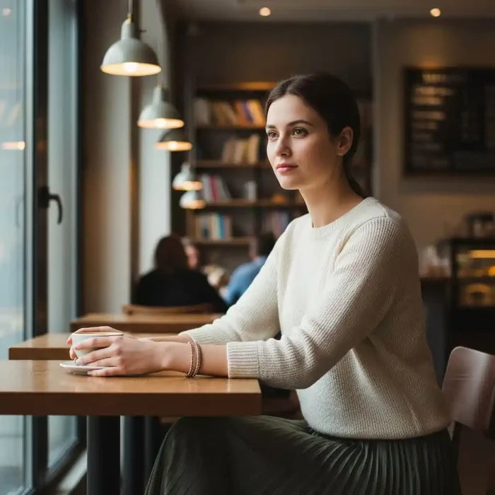Woman in a cozy cafe, wearing a Wire Wrapped Turquoise Crystal Tennis Bangle Bracelet while enjoying coffee.