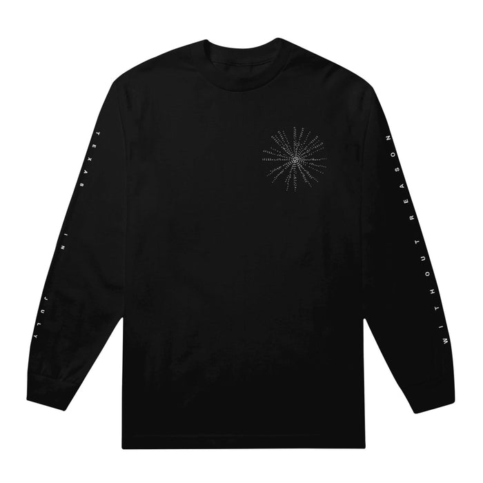 Front of shirt has star shape on upper right corner in white. Left sleeve has "TEXAS IN JULY" printed and right sleeve reads "WITHOUT REASON". Both in small white font.