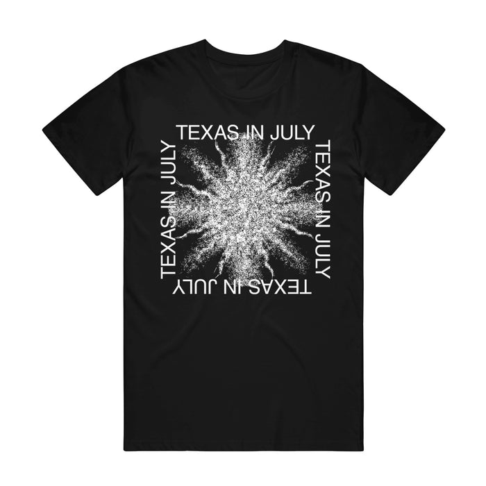 Black graphic T-shirt. The artwork is a square at the center with the text "TEXAS IN JULY" printed on all four sides. The font and square are in all white.