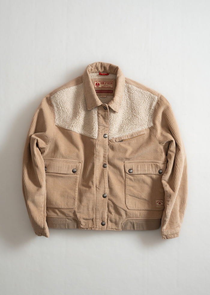 Tan corduroy jacket with shearling accents, buttoned front, and dual pockets, displayed against a plain white background.