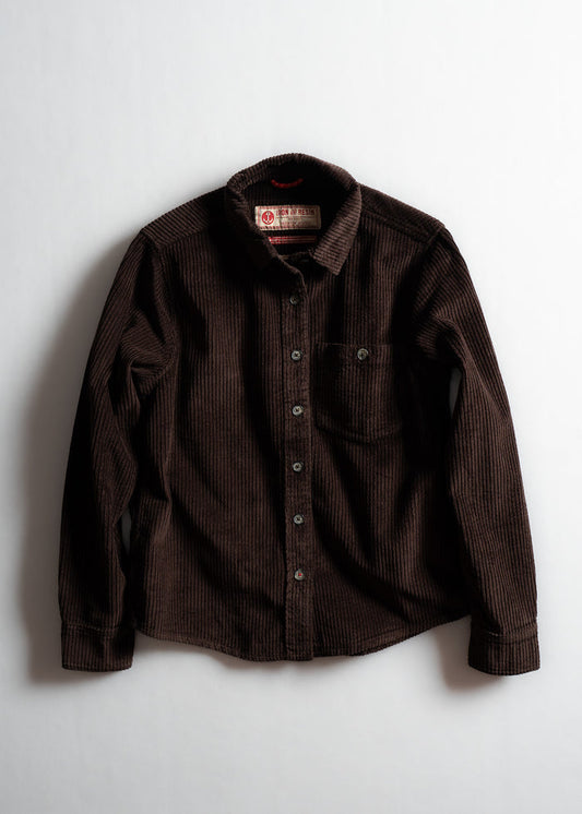 Brown corduroy shirt with buttons and a chest pocket, displayed on a white background. Iron & Resin label visible inside.