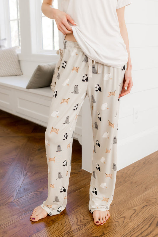 Women's Lounge Pants in Fluffy Cat shown on a female model