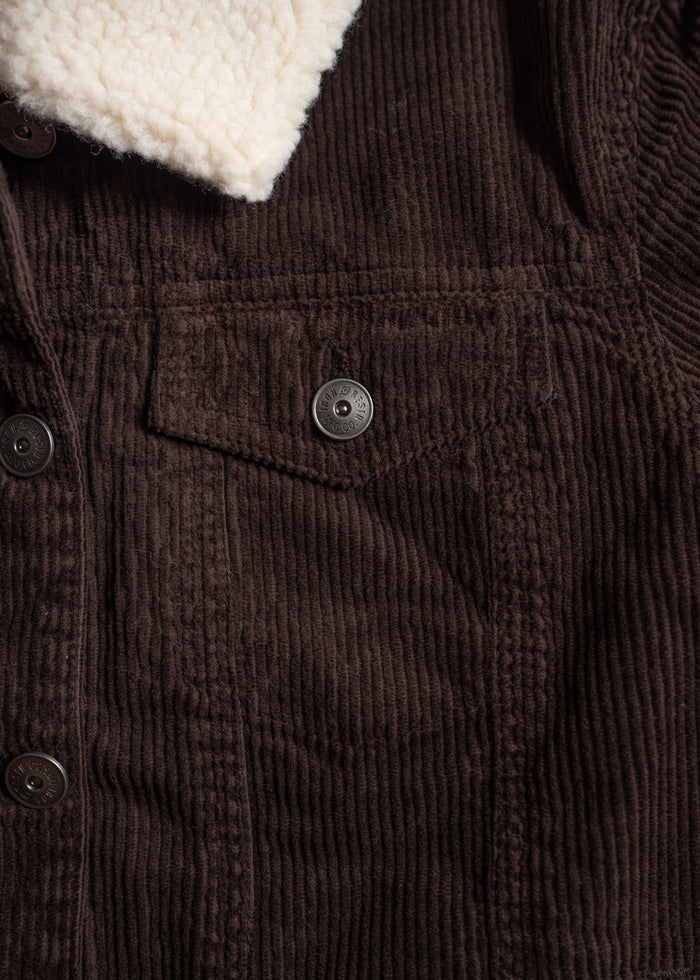 Close-up of a brown corduroy jacket with a white fleece collar and metal buttons, highlighting texture and detail.