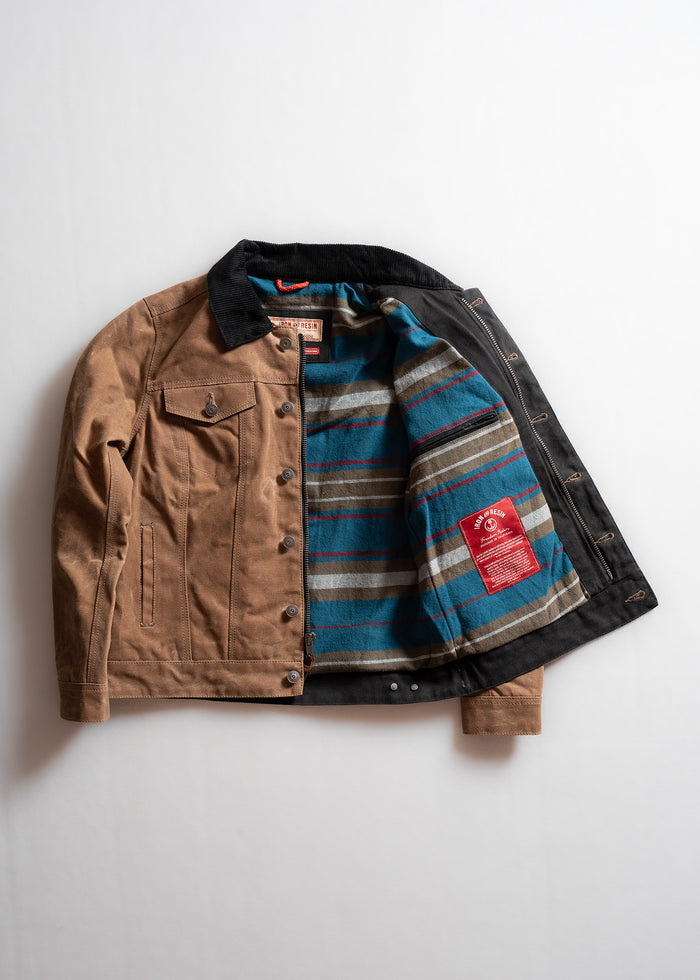 Brown jacket with black collar, open to reveal a colorful striped lining and red label. Laid flat on a white background.