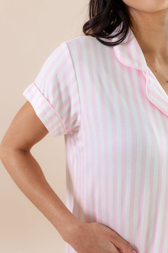 Close up of the sleeve on the shirt of the Women's Short Sleeve Cropped Pajama Set in Small Sakura Stripe
