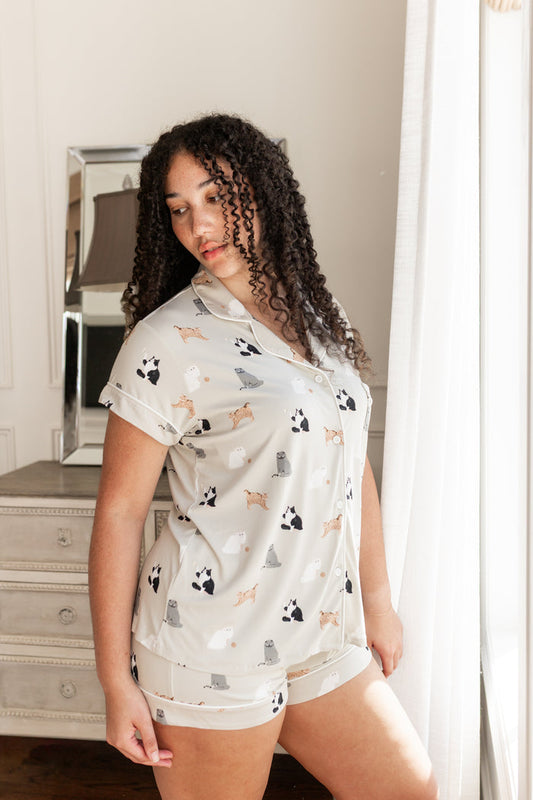 Female posing wearing the Women's Short Sleeve Pajama Set in Fluffy Cat