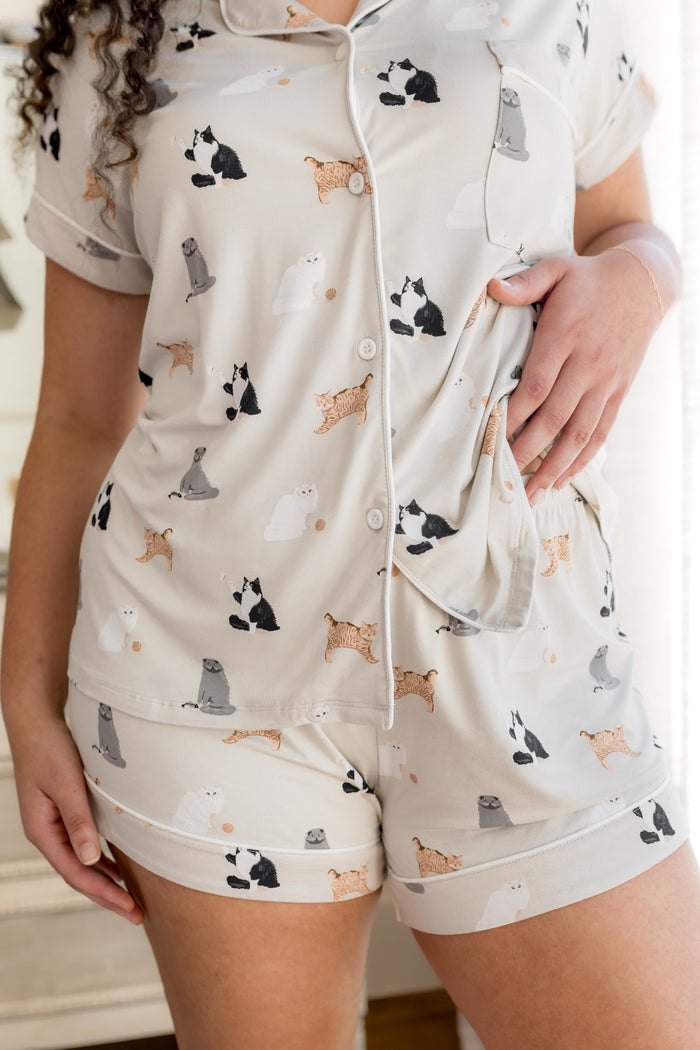 Close up of the Women's Short Sleeve Pajama Set in Fluffy Cat shown on a female model