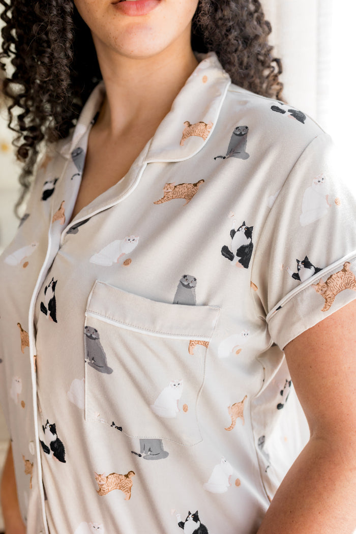 Close up of the chest pocket on the shirt of the Women's Short Sleeve Pajama Set in Fluffy Cat