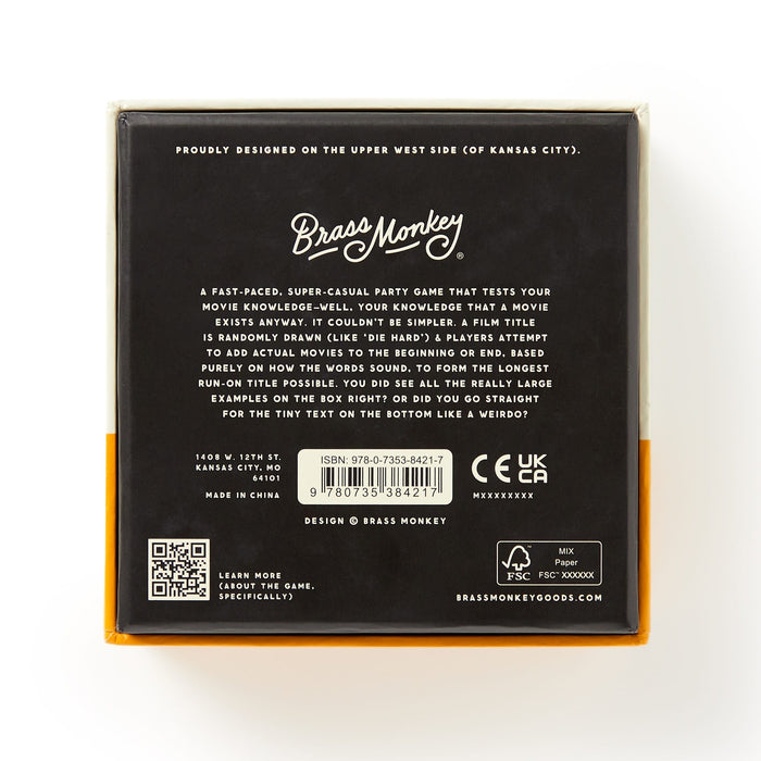 The back of a Brass Monkey Working Title Game box shows a game description, barcode, ISBN, company info, centered text, and logos with product details below.