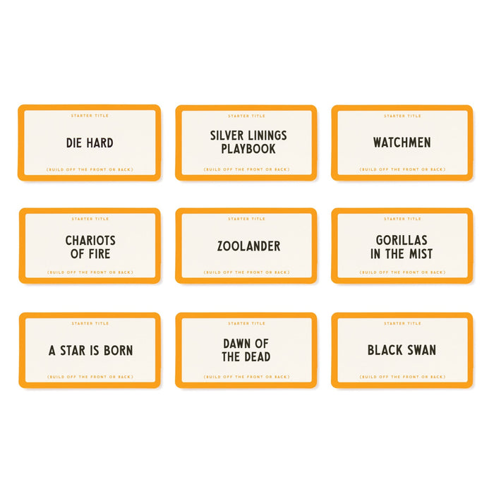 The Working Title Game by Brass Monkey features nine orange-bordered cards, each with a film title—challenge your movie knowledge with classics like Die Hard, Chariots of Fire, Black Swan, and more in this popular card game.