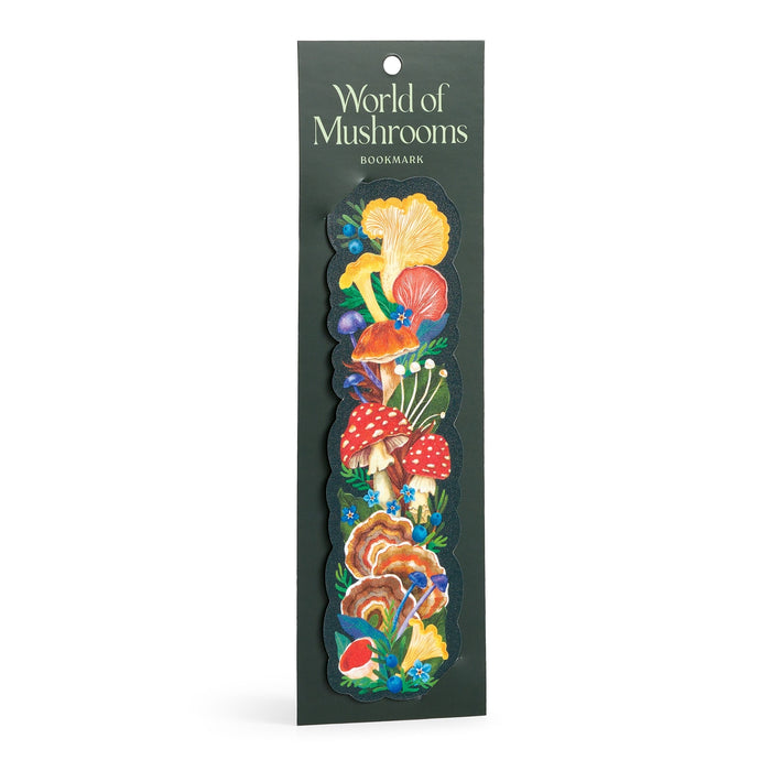 The World of Mushrooms Paper Bookmark by Olga Akbarova displays vibrant fungi and blue flowers on dark green packaging.