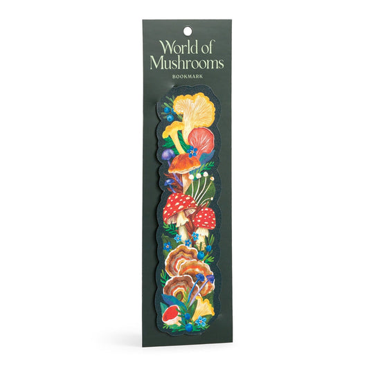 The World of Mushrooms Paper Bookmark by Olga Akbarova displays vibrant fungi and blue flowers on dark green packaging.