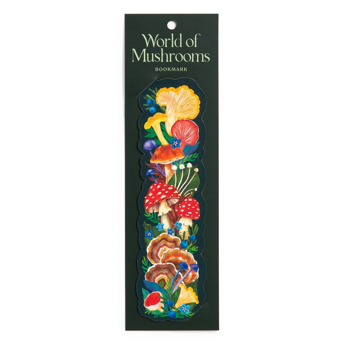 The World of Mushrooms Paper Bookmark by Olga Akbarova features colorful fungi and small blue flowers on a dark green background, with the product name labeled at the top.