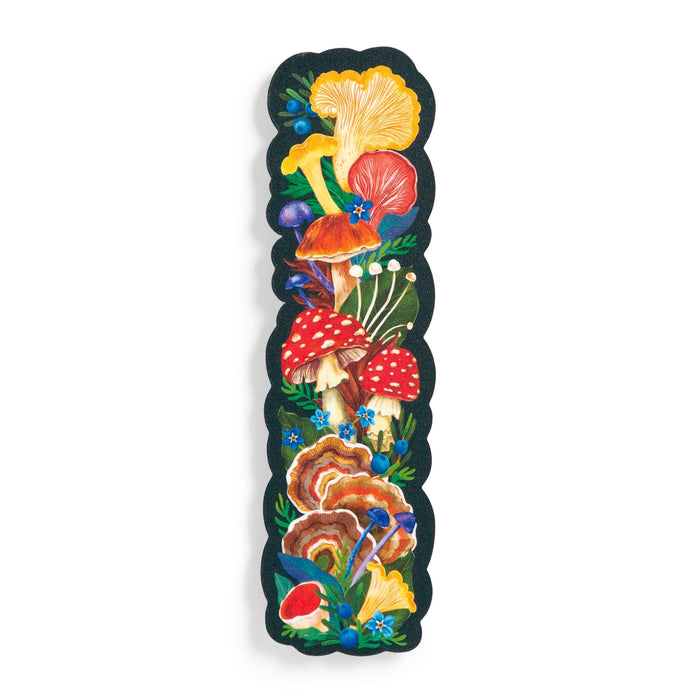 The World of Mushrooms Paper Bookmark by Olga Akbarova features a colorful vertical illustration of red, yellow, and brown mushrooms, berries, and blue flowers on a scalloped black background with detailed textures.