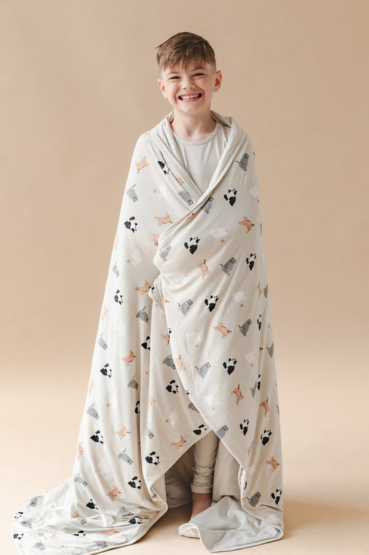Boy wrapped in a throw blanket with a cat pattern