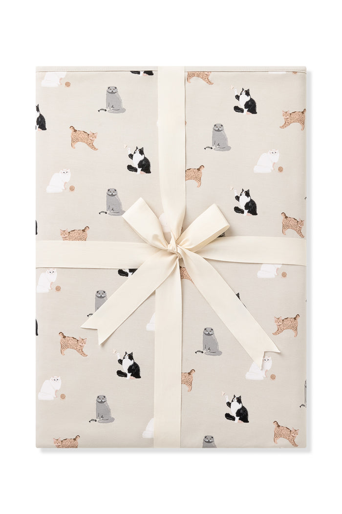 Youth Blanket in Fluffy Cat 1.0 shown in its packaging tied with a linen bow