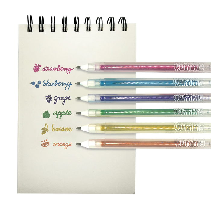 White paper pad with fruit scented watches with OOLY Yummy Yummy Metallic Scented Gel Pens