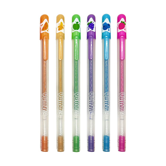 Row of six OOLY Yummy Yummy Metallic Scented Gel Pens