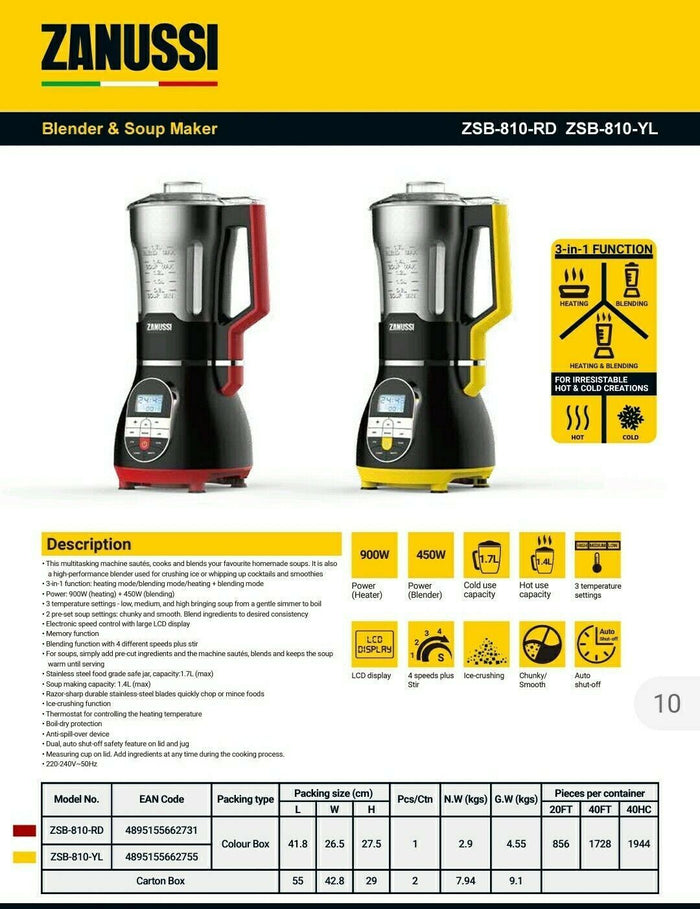 Zanussi  Soup Maker/Blender RED ZSB810RD  1.7L Blender & Soup Maker Italian Design Red & Black