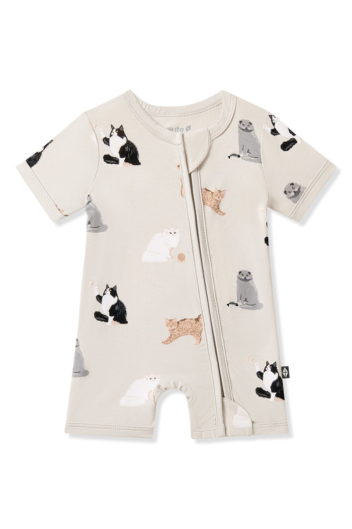 Product photo of the Zipper Shortall Romper in Fluffy Cat on a white surface