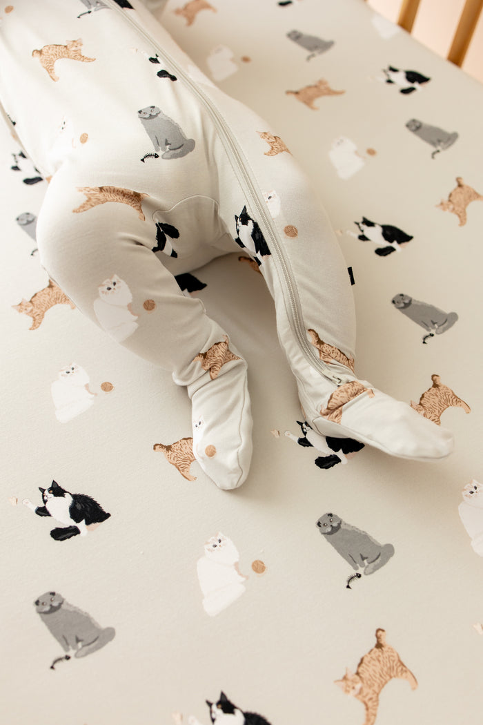 Close up of the feet covers on the Zippered Footie in Fluffy Cat