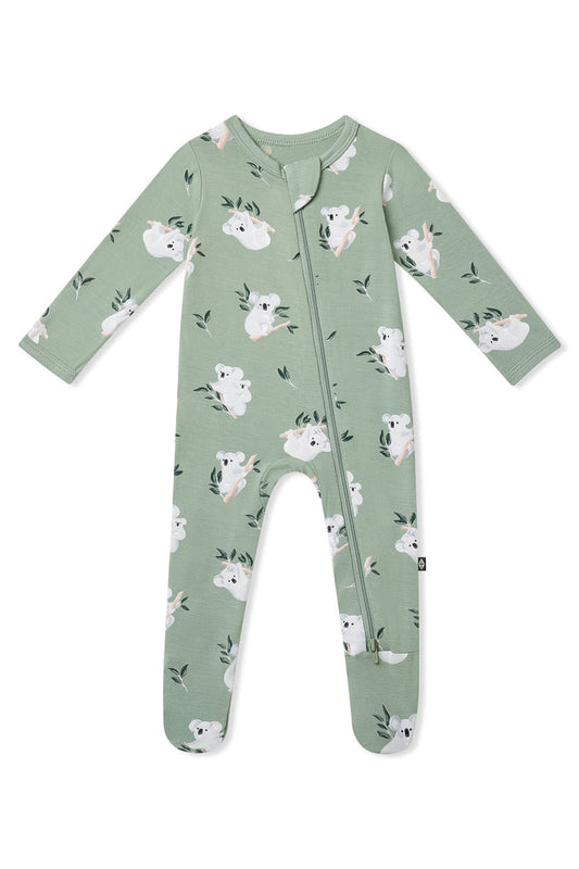 Product photo of the Zippered Footie in Koala shown on a white background