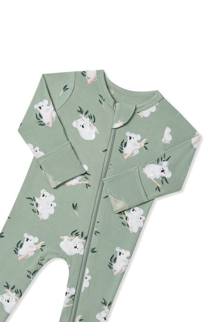 Close up of the zipper garage and fold over hand cuffs on the Zippered Footie in Koala