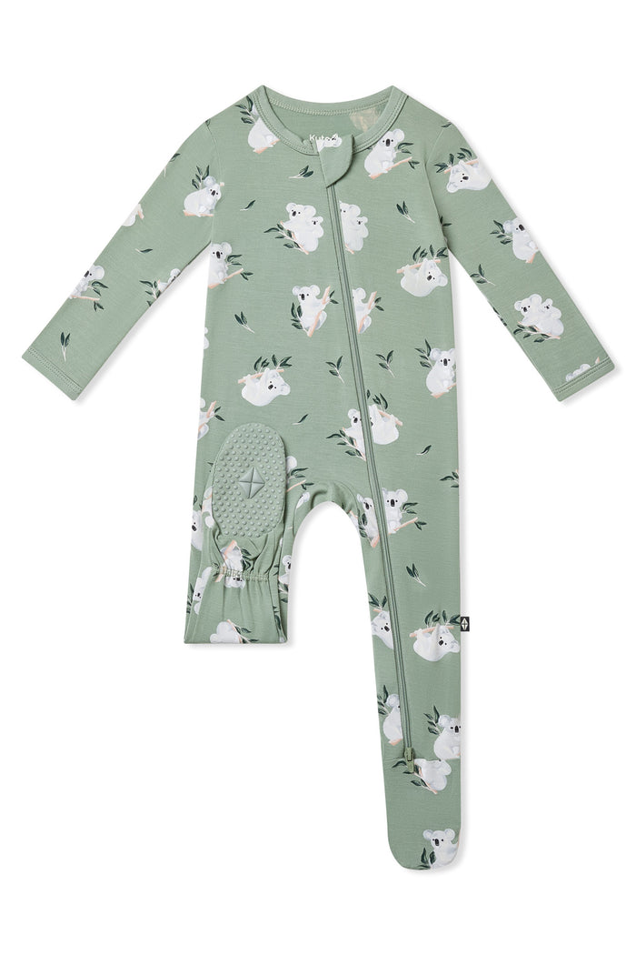 Bottom pad showing the Kyte Baby logo on the Zippered Footie in Koala