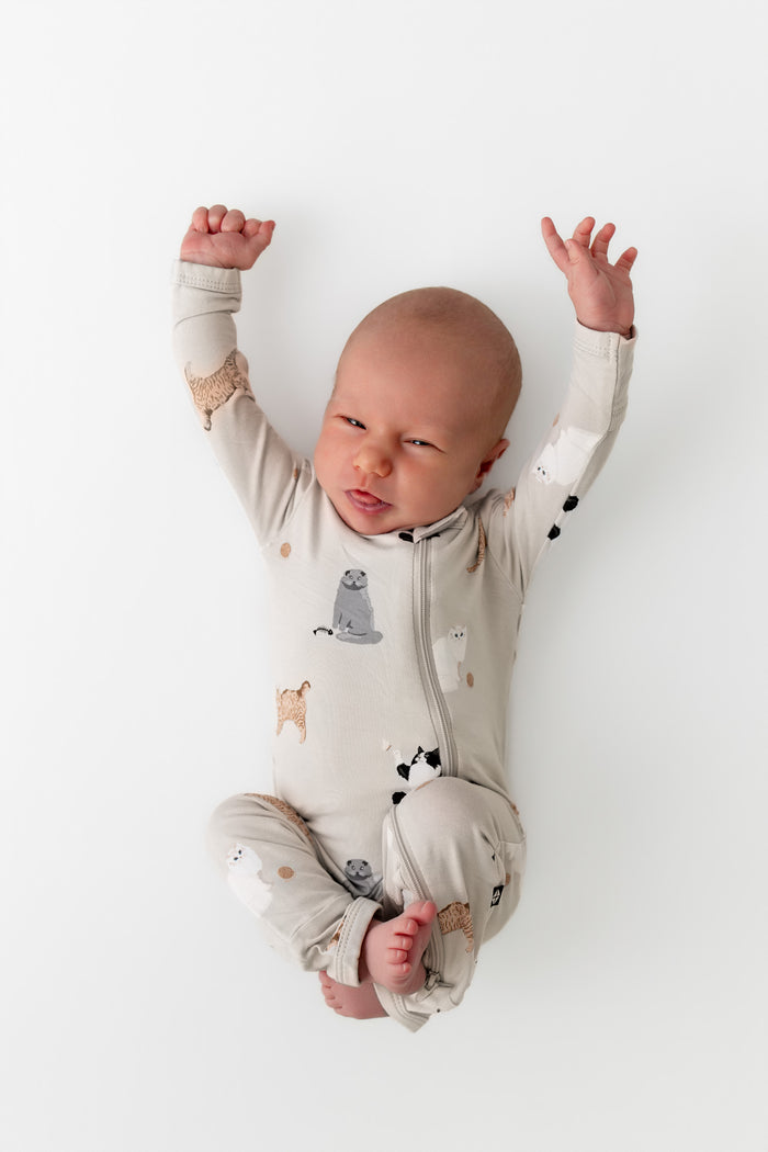 Infant with their arms stretched up wearing the Zippered Romper in Fluffy Cat