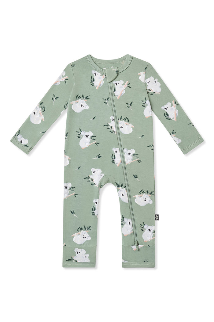 Zippered Romper in Koala shown on a white background
