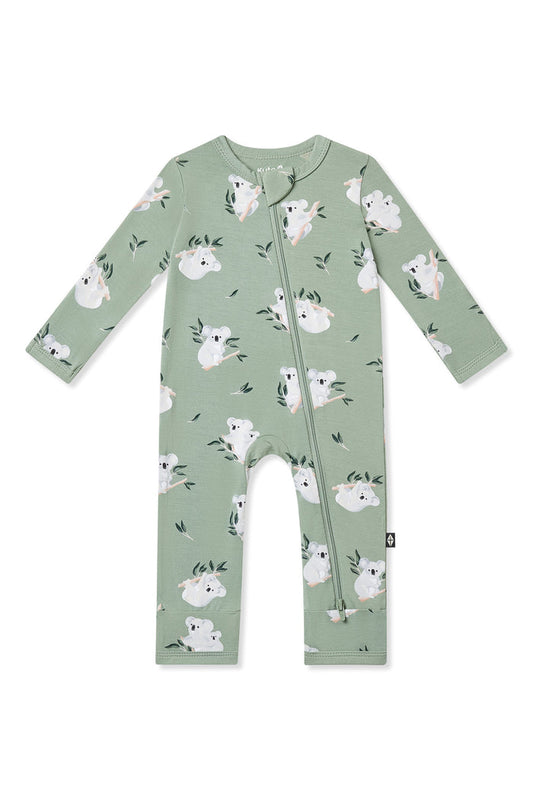 Zippered Romper in Koala shown on a white background